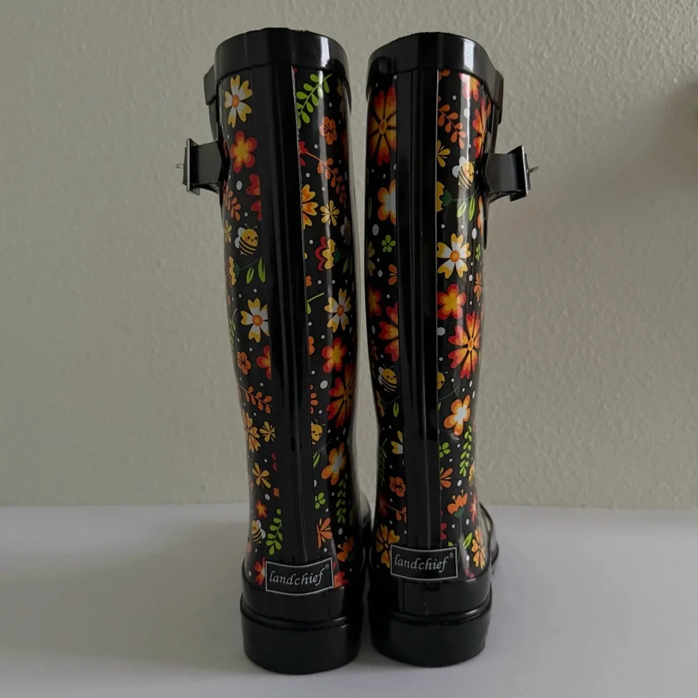 Landchief Women's Garden Blossom Rain Boots Tall Waterproof Anti-Slip Size 7 NEW